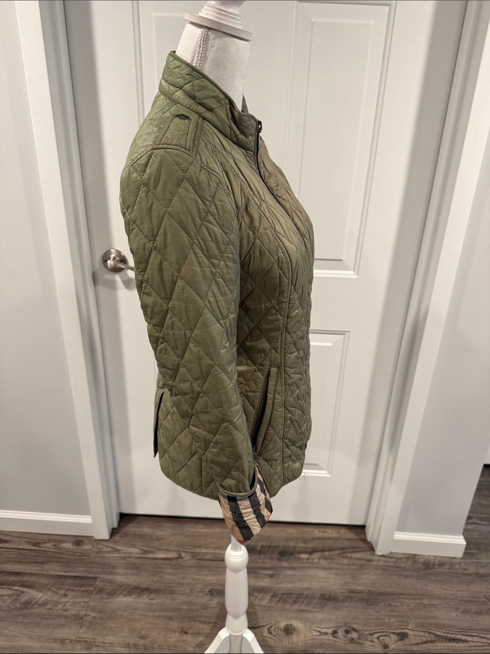 Burberry Brit Olive Green Quilted Jacket Nova Check Lining Women’s Size S - Picture 5 of 16